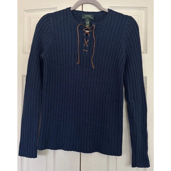 VTG Lauren Ralph Lauren Fisherman Silk Blend Navy Sweater Leather Tie Size Small - Picture 1 of 6